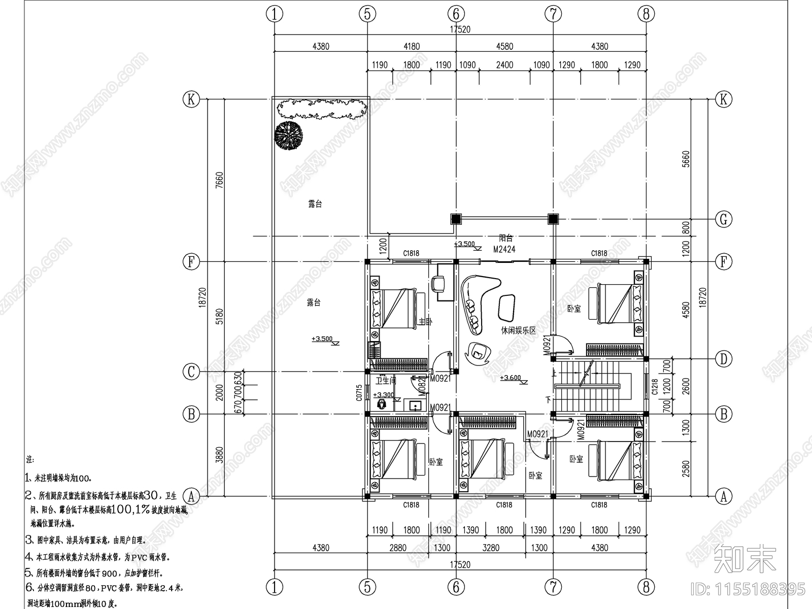 欧式两层独栋别墅建cad施工图下载【ID:1155188395】