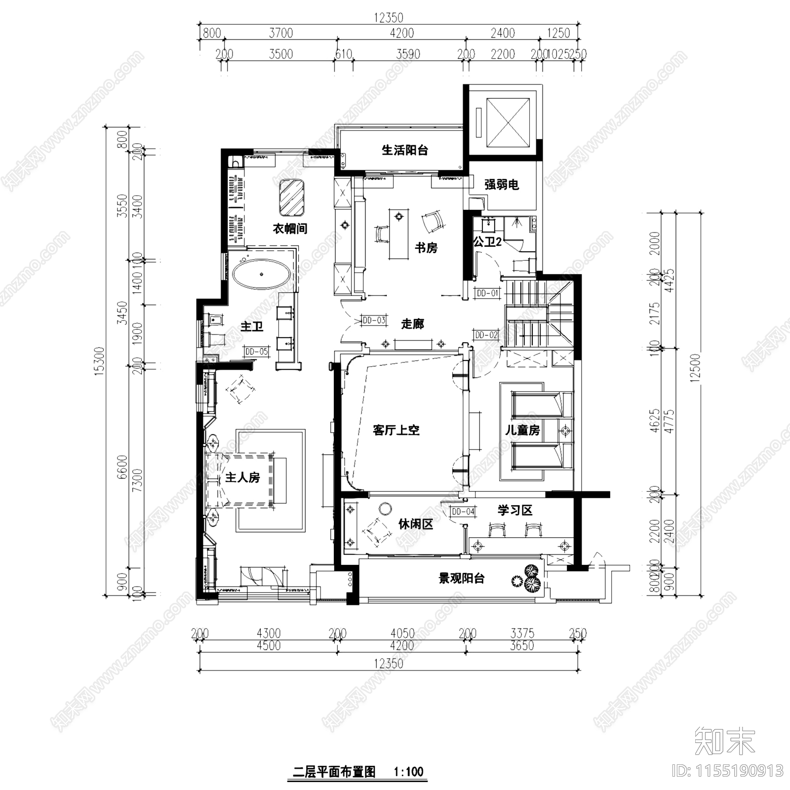 典雅新古典常州星河国际复式挑空室内家装cad施工图下载【ID:1155190913】