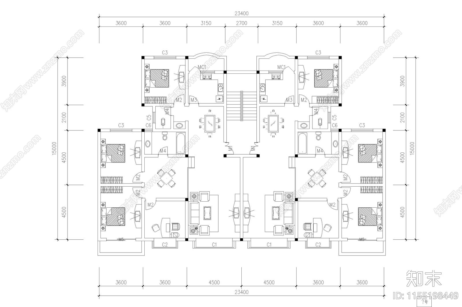 一梯两户户型cad施工图下载【ID:1155198449】