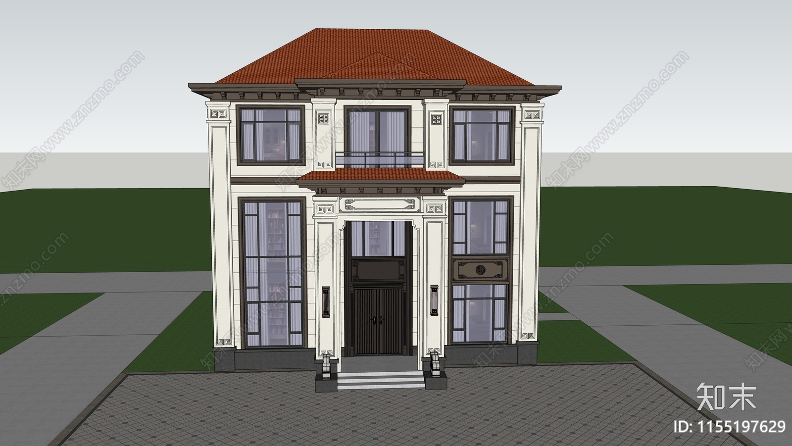 新中式三层独栋别墅SU模型下载【ID:1155197629】