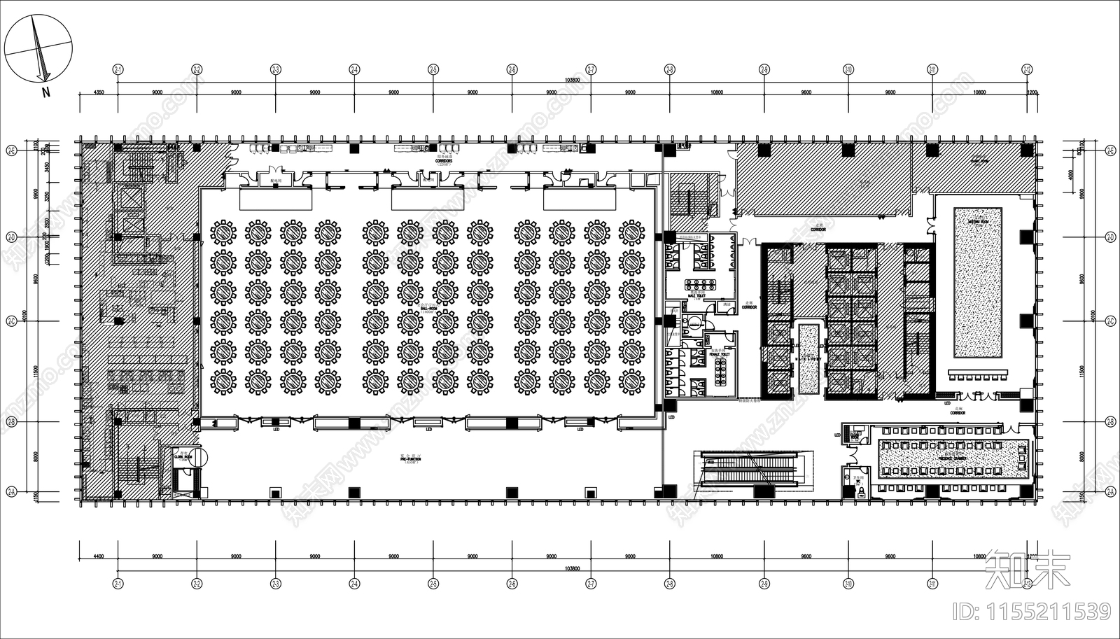 酒店千平宴会厅平面布置图施工图下载【ID:1155211539】