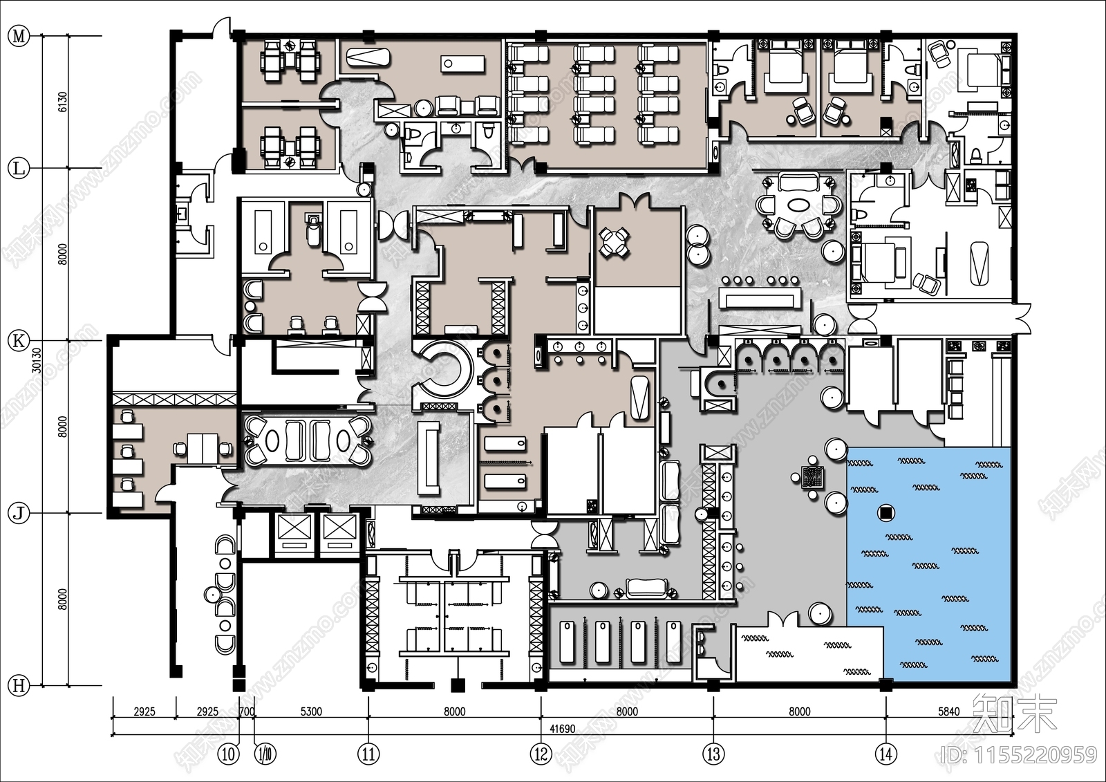 1000㎡桑拿洗浴SPA会所平面布置图施工图下载【ID:1155220959】