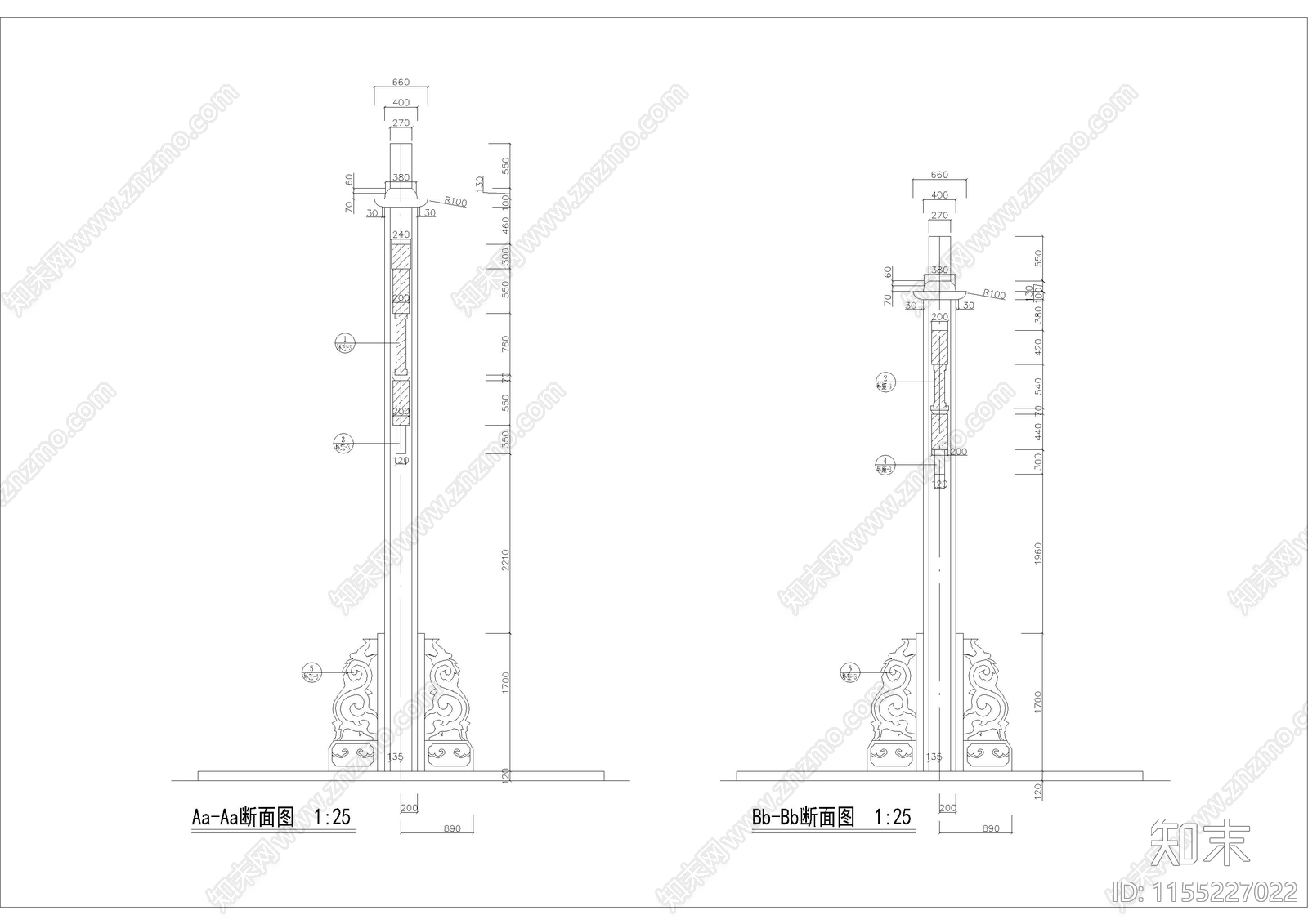 清波门石柱牌坊建筑cad施工图下载【ID:1155227022】