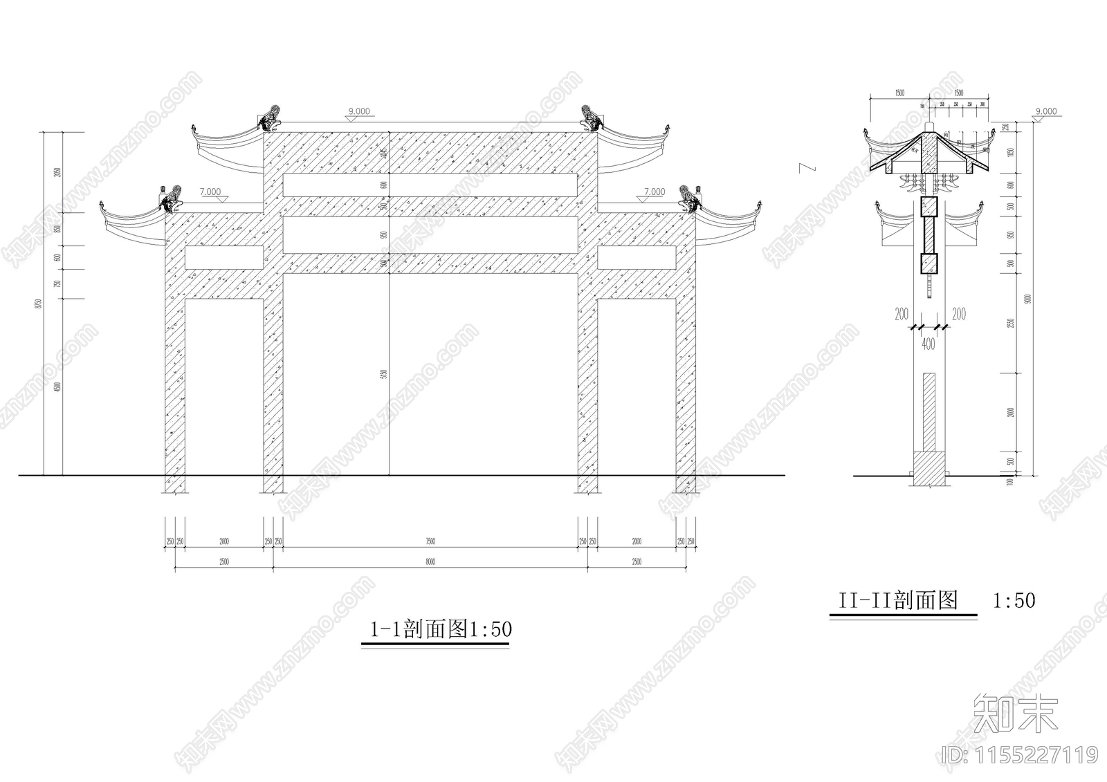 村镇入口牌坊建筑cad施工图下载【ID:1155227119】