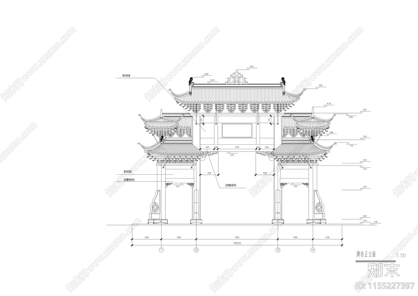 石柱木斗拱屋盖牌坊建筑cad施工图下载【ID:1155227397】