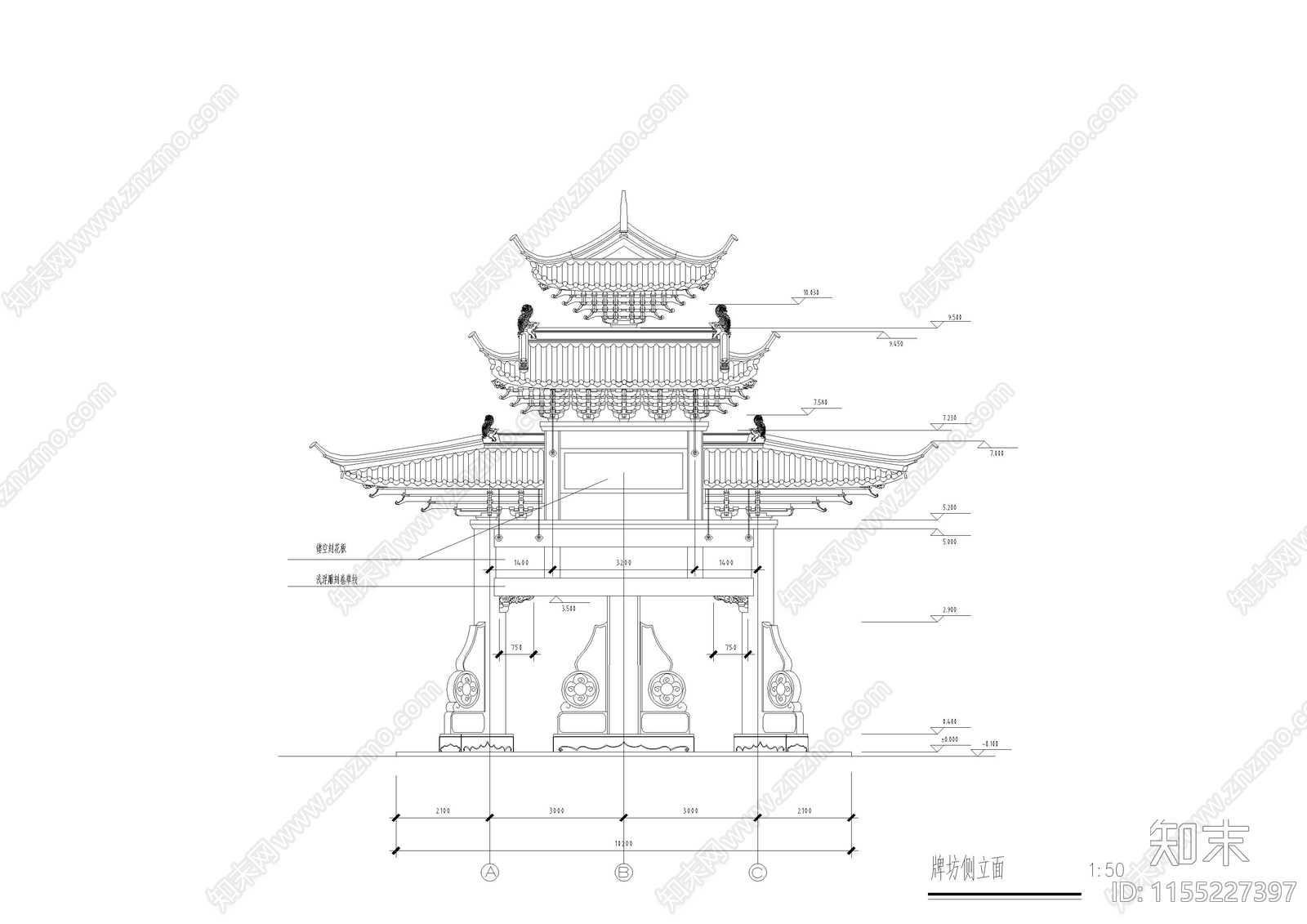 石柱木斗拱屋盖牌坊建筑cad施工图下载【ID:1155227397】