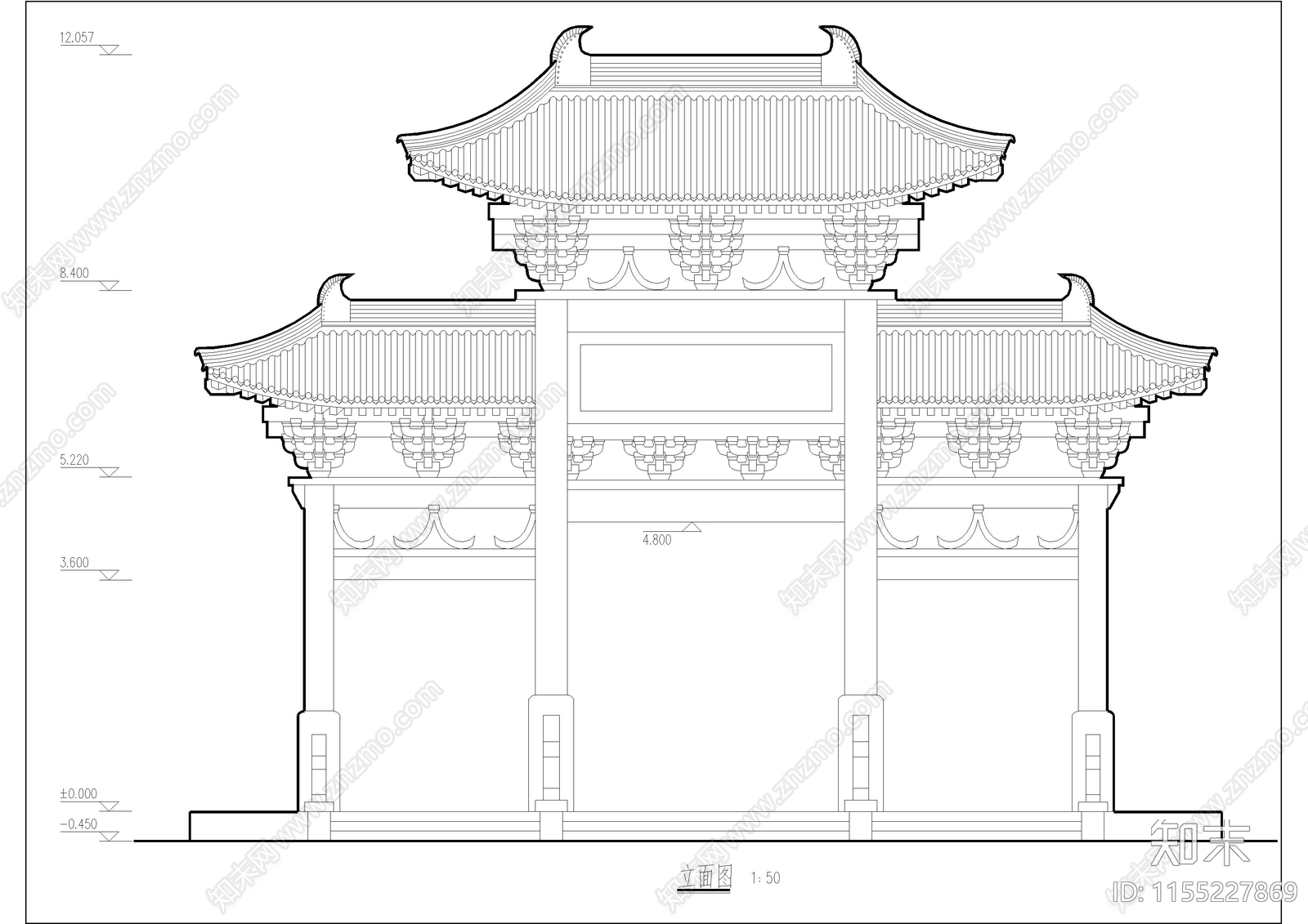 单排四柱牌坊建筑cad施工图下载【ID:1155227869】