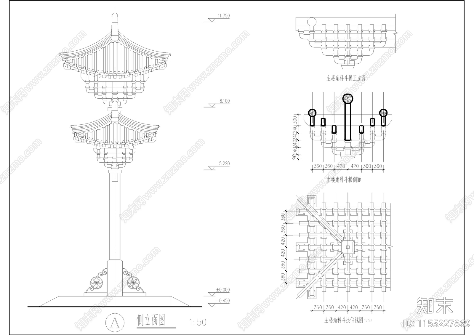 单排四柱牌坊建筑cad施工图下载【ID:1155227869】