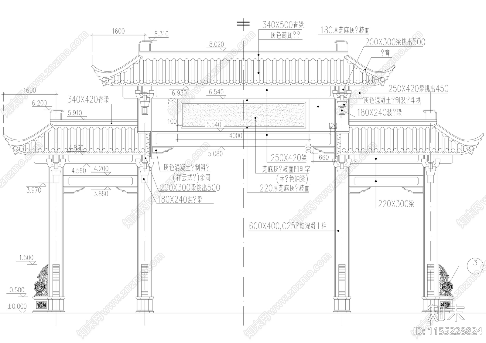 牌坊建筑cad施工图下载【ID:1155228824】