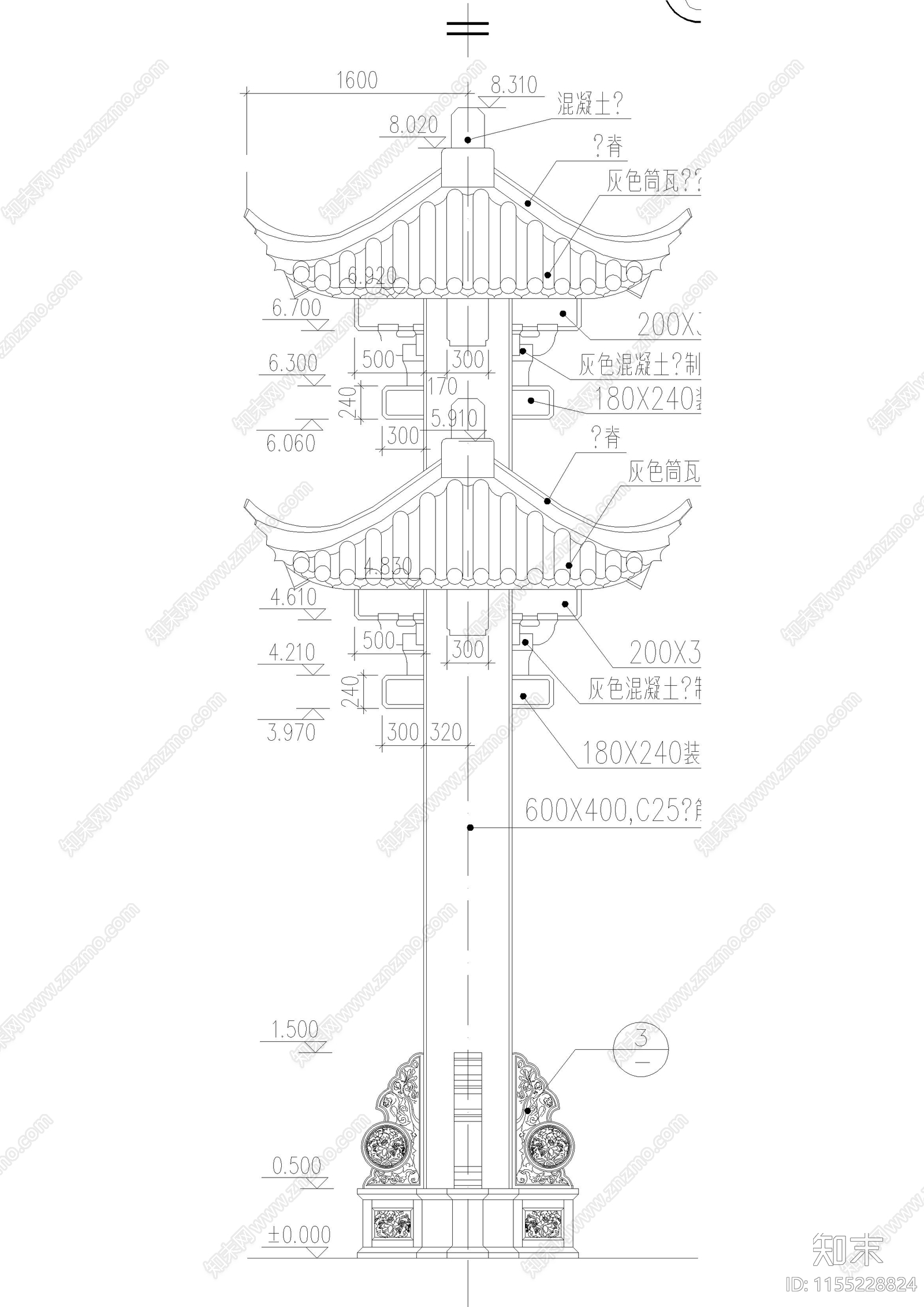 牌坊建筑cad施工图下载【ID:1155228824】