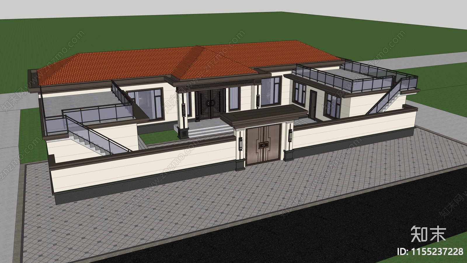 新中式一层独栋别墅SU模型下载【ID:1155237228】