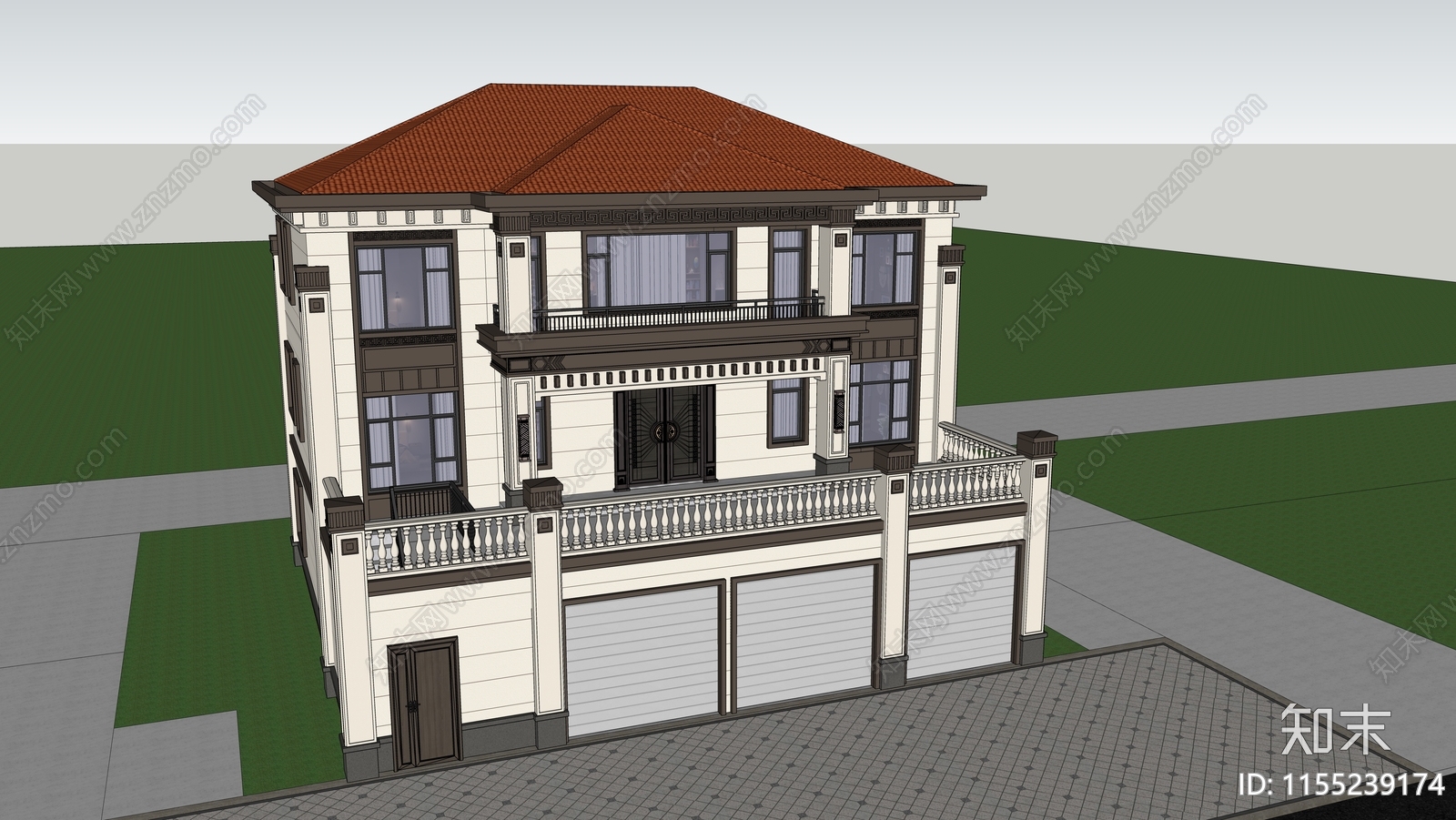 新中式三层独栋别墅SU模型下载【ID:1155239174】