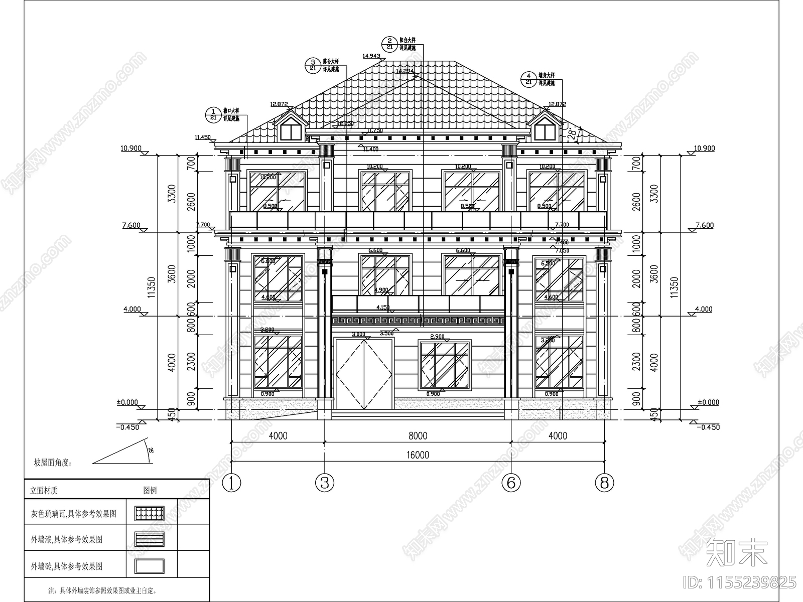 新中式三层别墅建筑cad施工图下载【ID:1155239825】