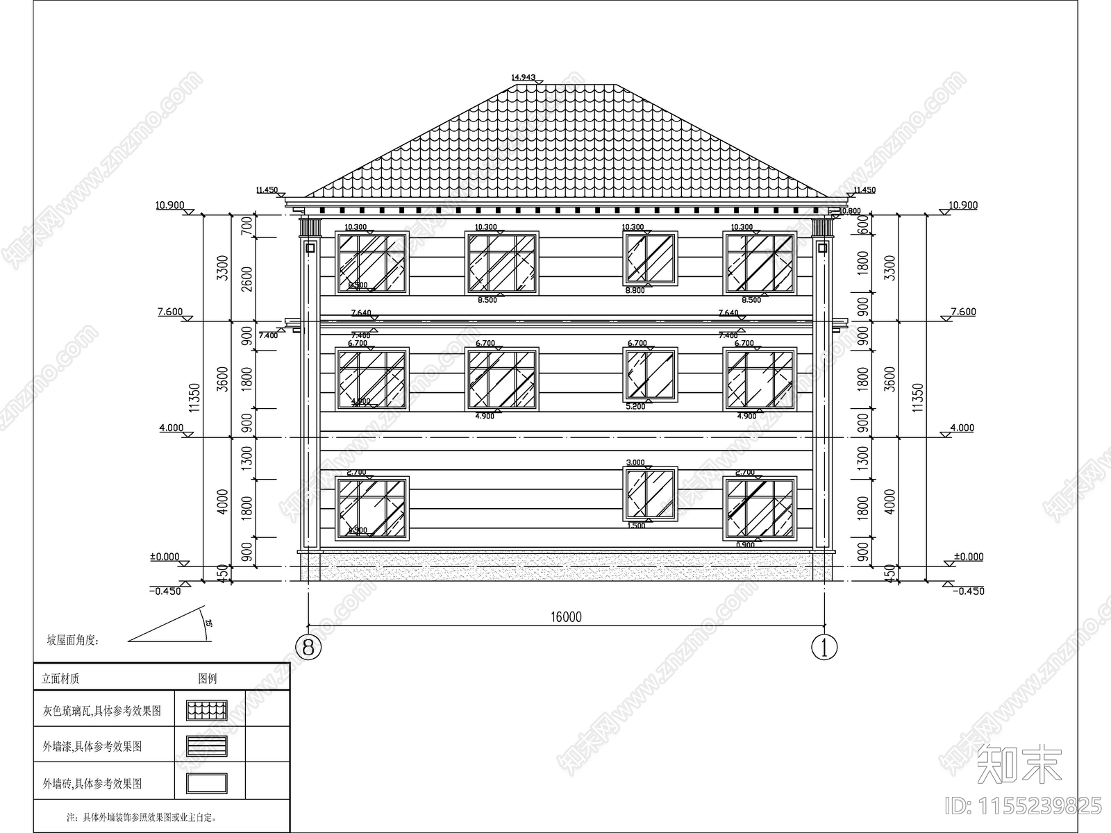 新中式三层别墅建筑cad施工图下载【ID:1155239825】