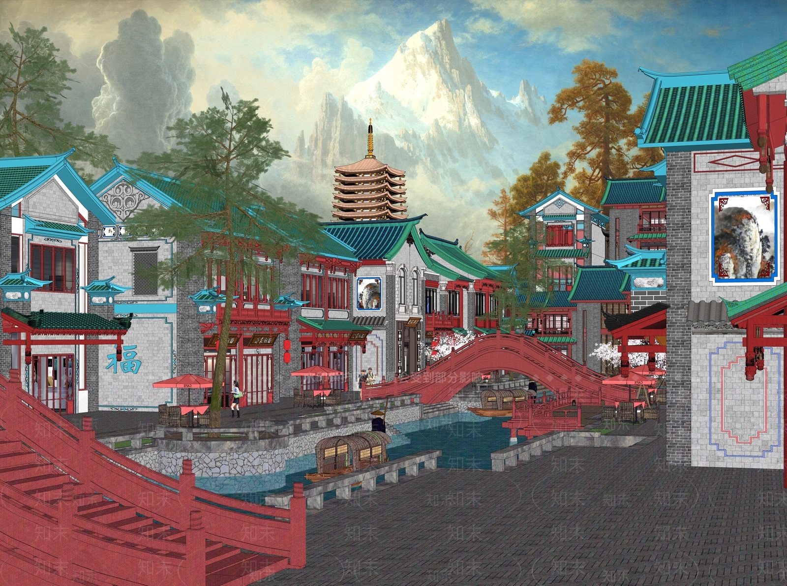 中式仿古滨水商业街SU模型下载【ID:1155250101】