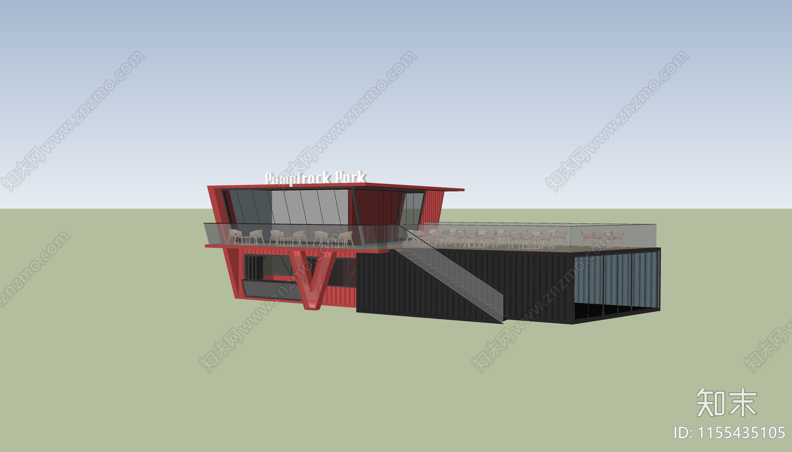 现代集装箱餐饮建筑SU模型下载【ID:1155435105】