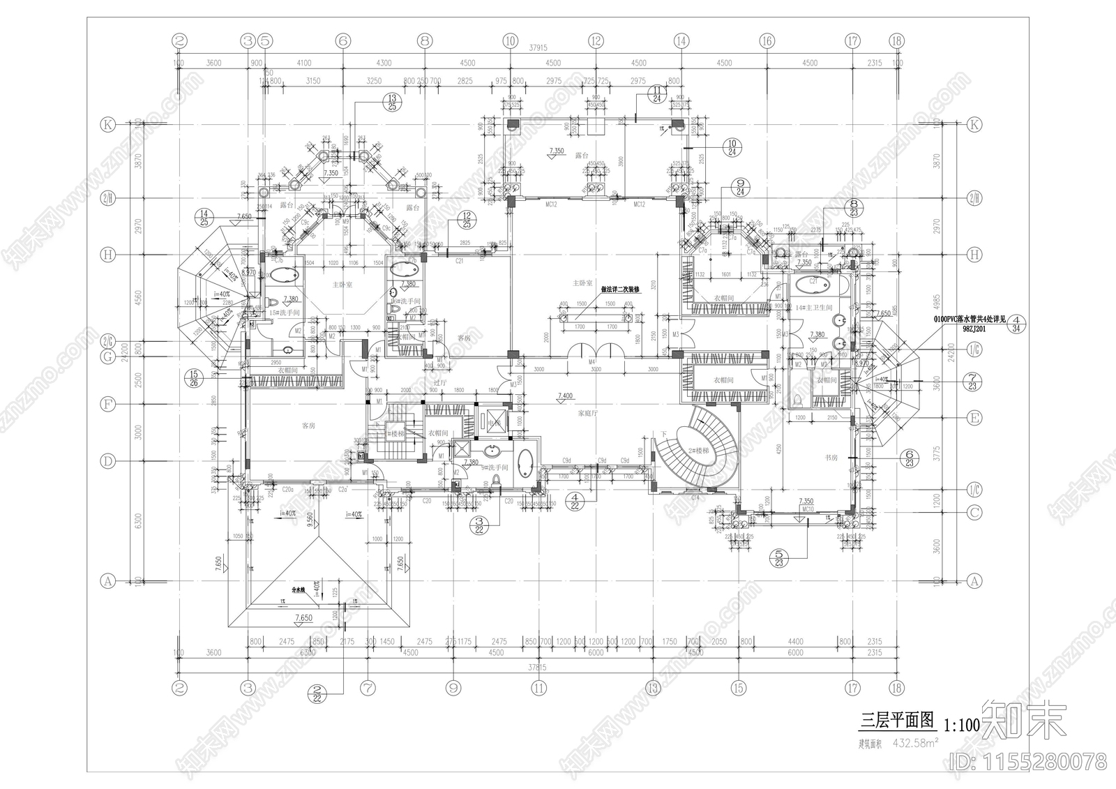 3层独栋别墅欧式建筑设计cad施工图下载【ID:1155280078】