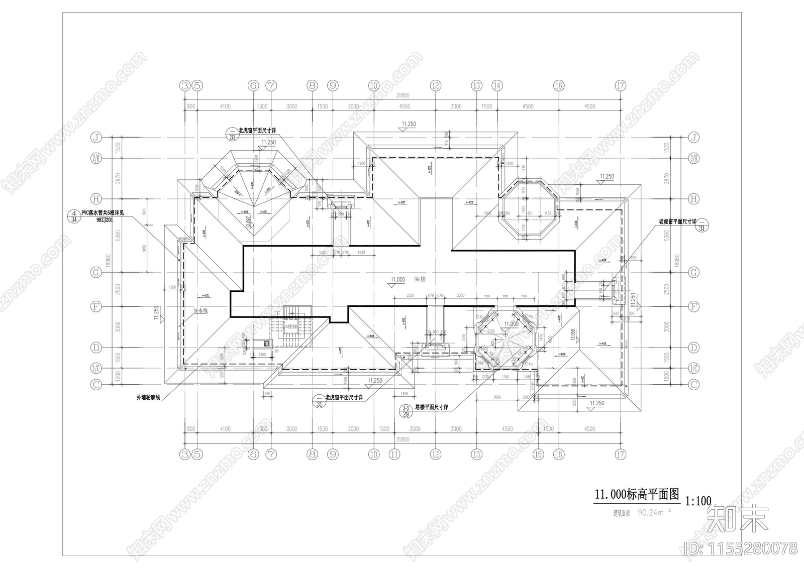 3层独栋别墅欧式建筑设计cad施工图下载【ID:1155280078】