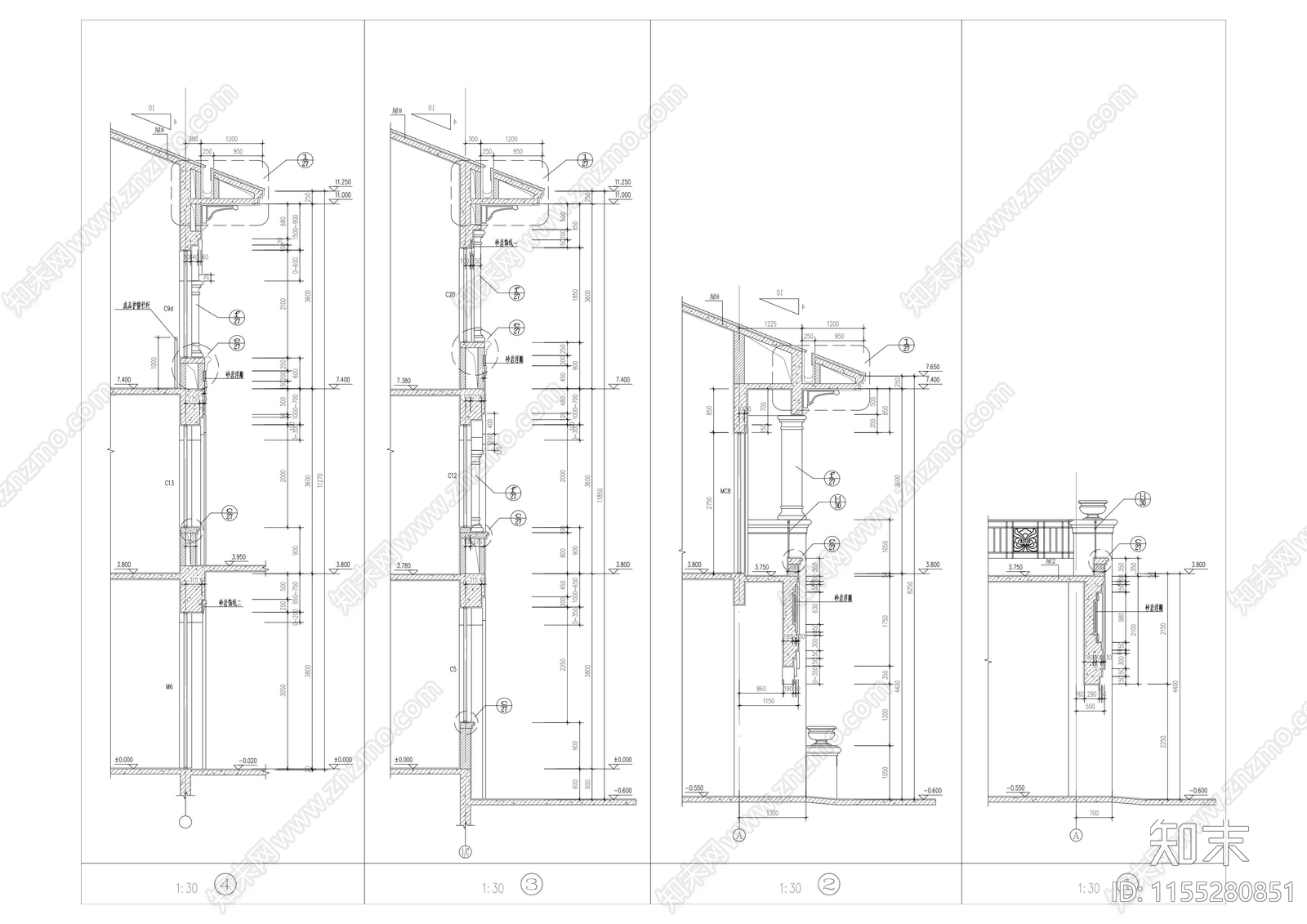 欧式别墅建筑墙身大样图cad施工图下载【ID:1155280851】