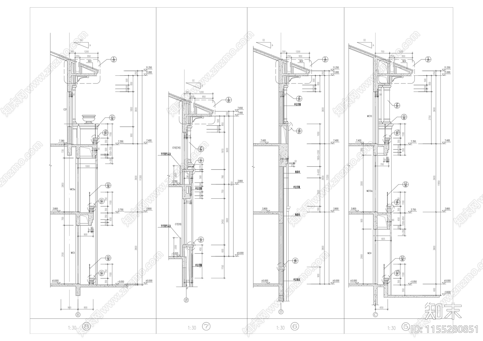 欧式别墅建筑墙身大样图cad施工图下载【ID:1155280851】