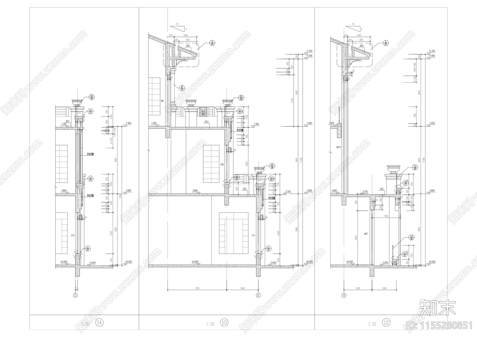 欧式别墅建筑墙身大样图cad施工图下载【ID:1155280851】