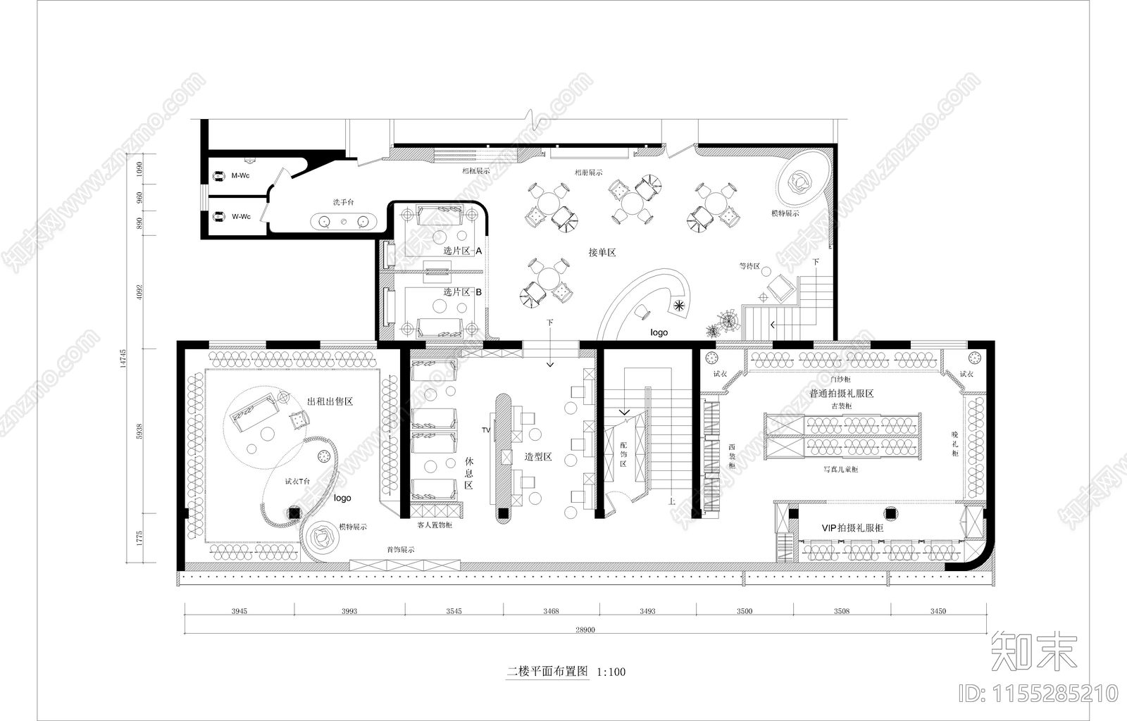 2层婚纱摄影店室内设cad施工图下载【ID:1155285210】