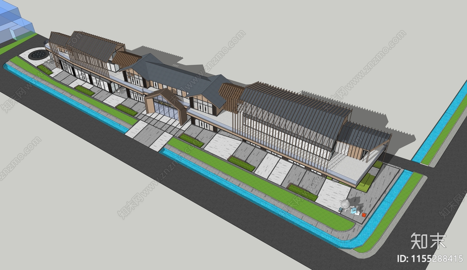 新中式特色商业街SU模型下载【ID:1155288415】