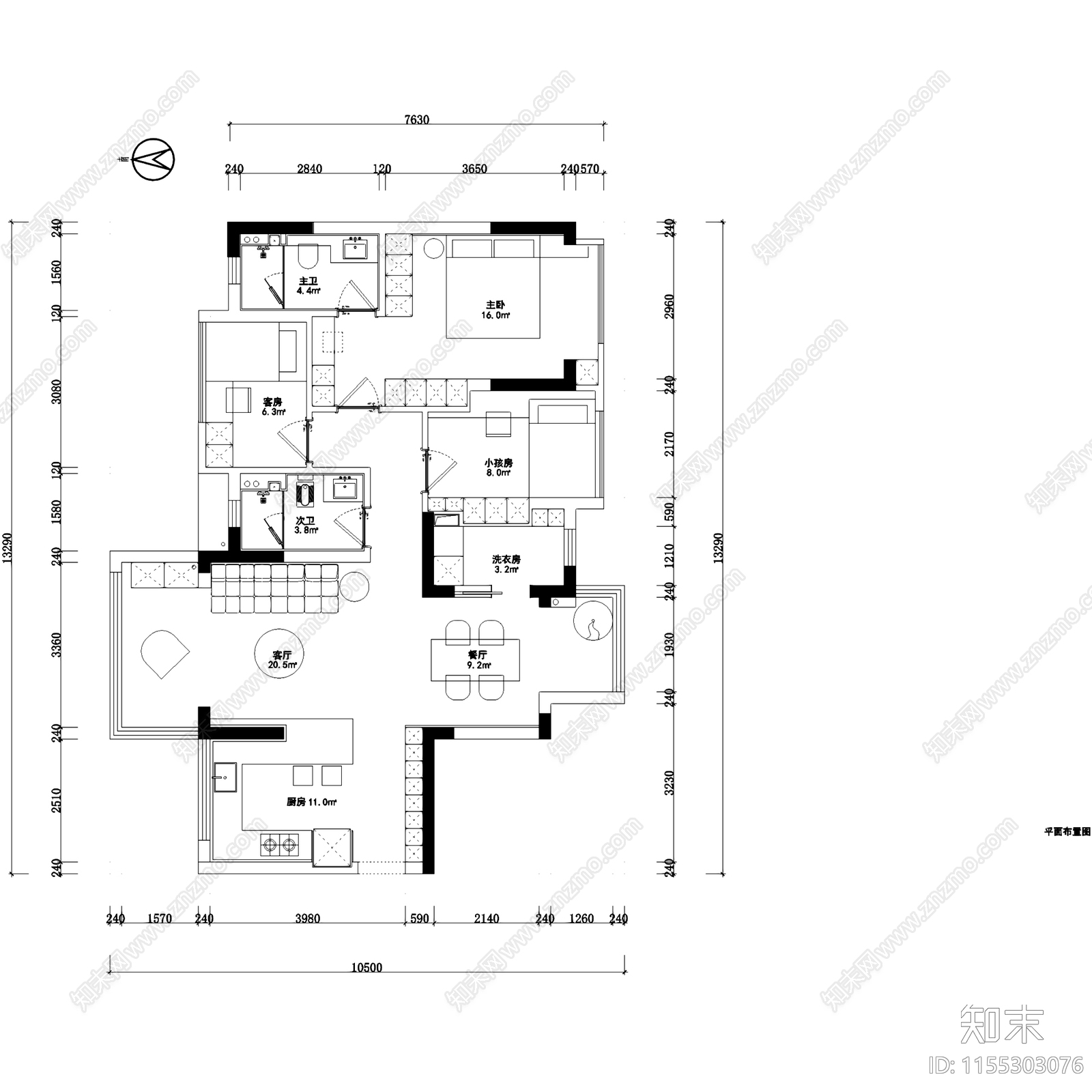 现代极简锦绣原著平层室内家装cad施工图下载【ID:1155303076】