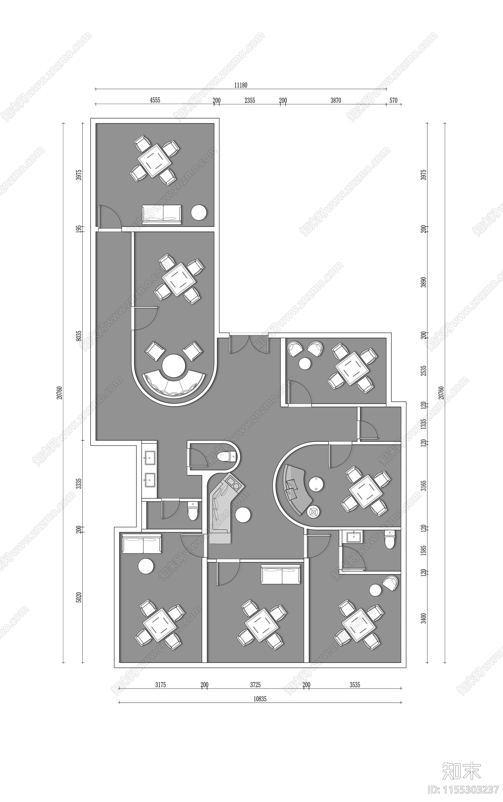 麻将馆棋牌室平面图cad施工图下载【ID:1155303237】