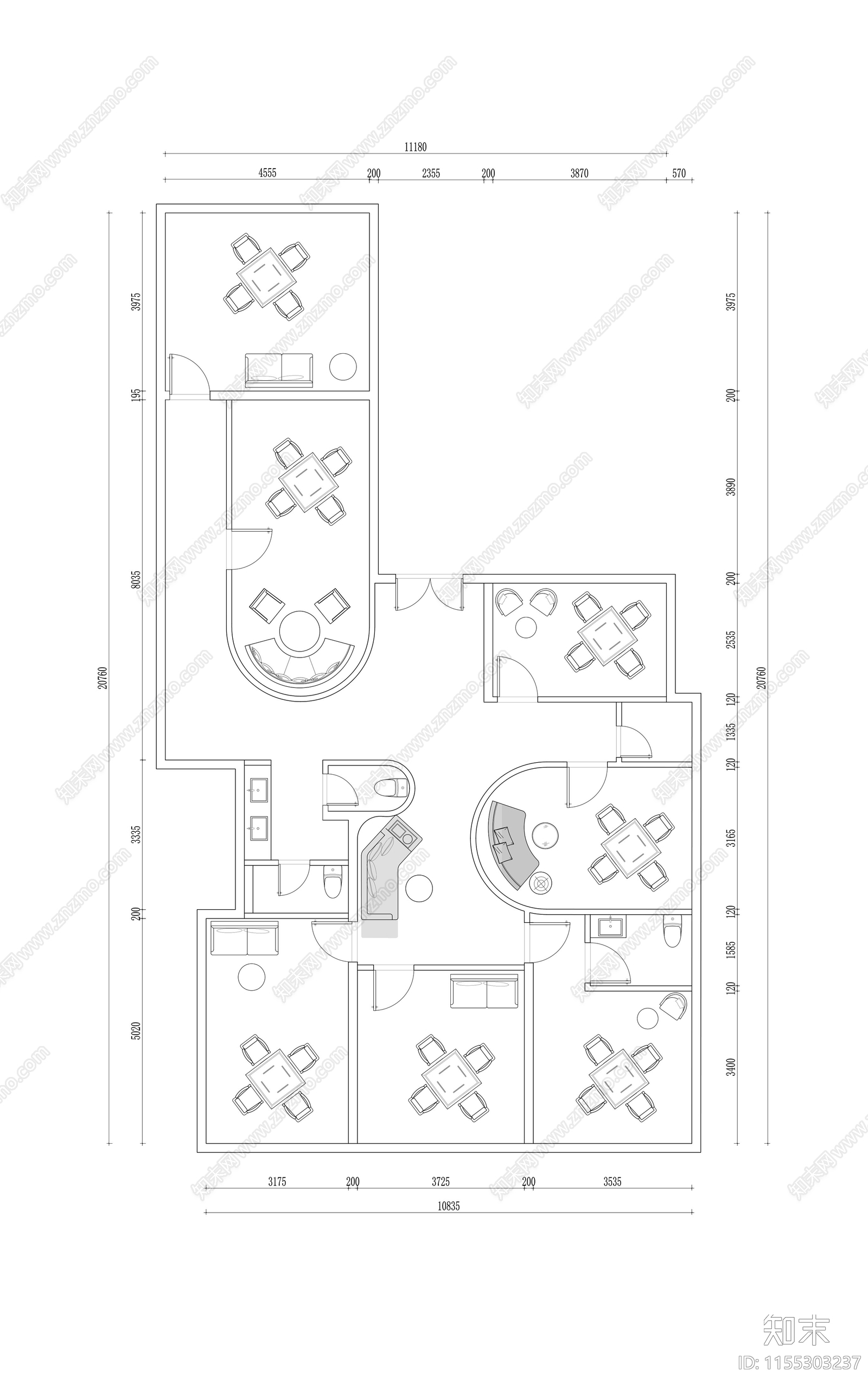 麻将馆棋牌室平面图cad施工图下载【ID:1155303237】