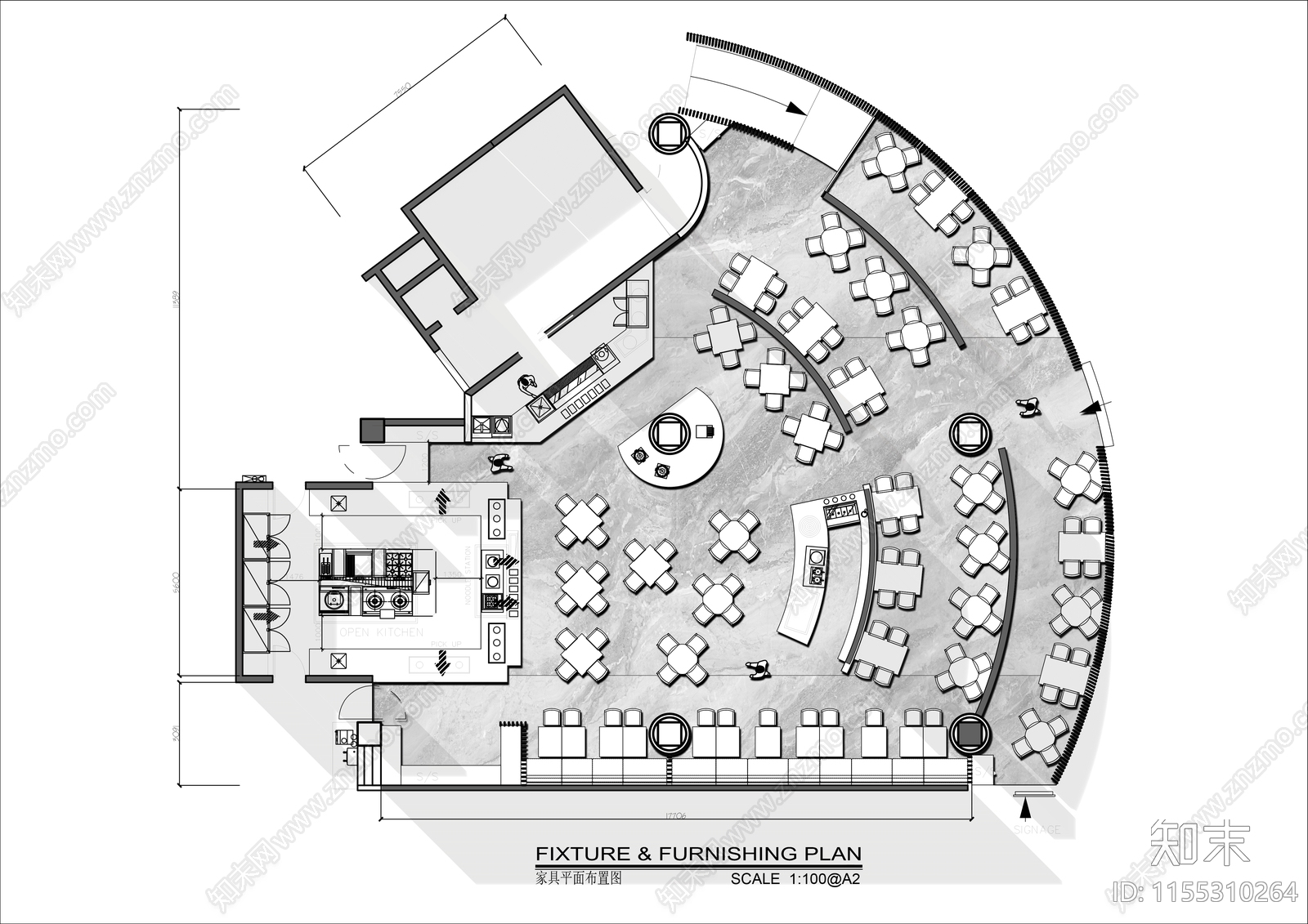 400㎡圆弧异形餐厅平面布局方案图施工图下载【ID:1155310264】