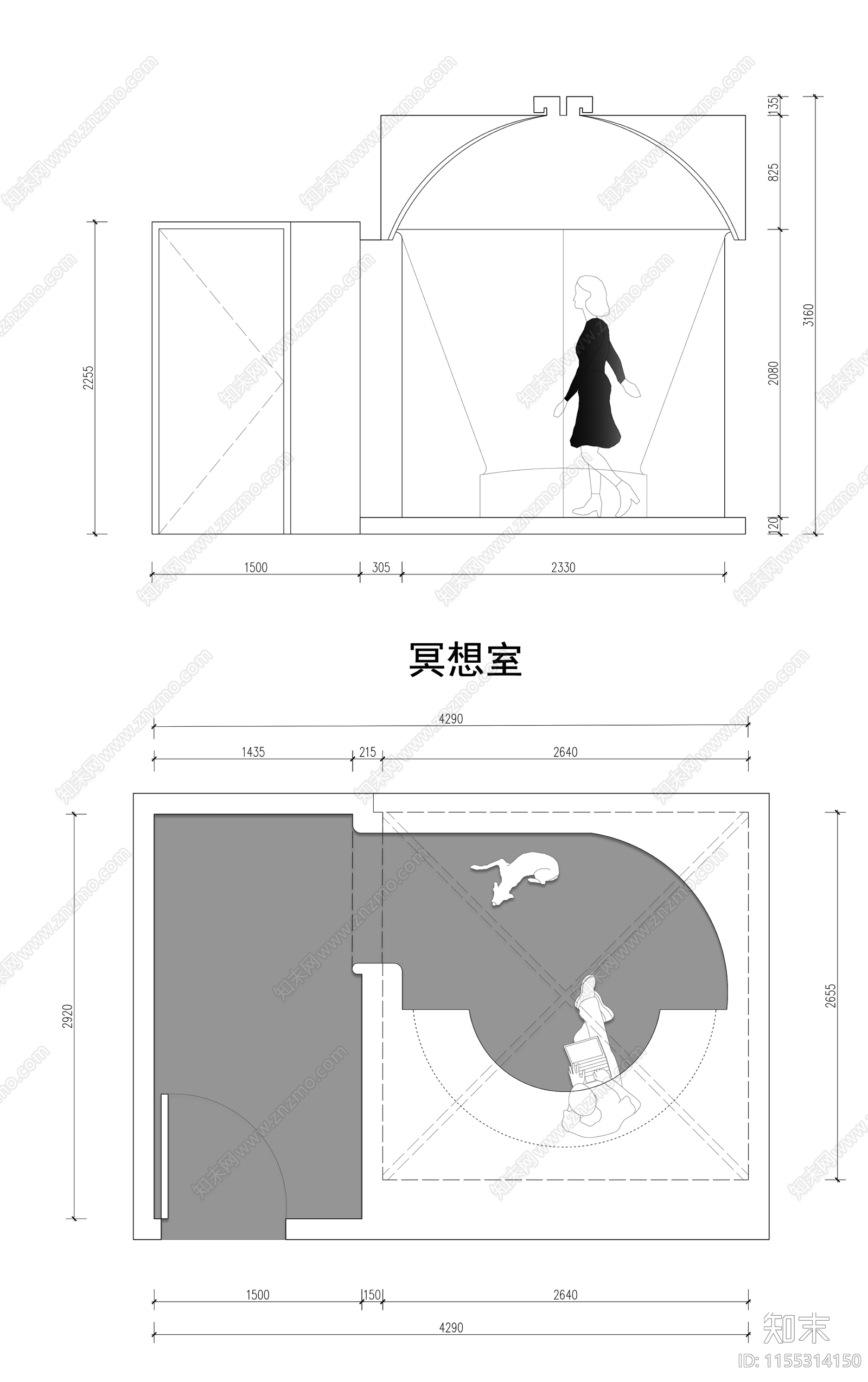 冥想空间平面立面图施工图下载【ID:1155314150】