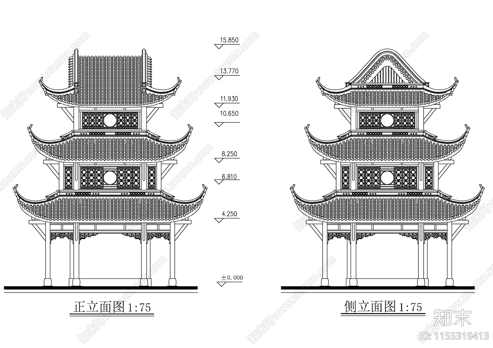 景区寺庙古建cad施工图下载【ID:1155319413】