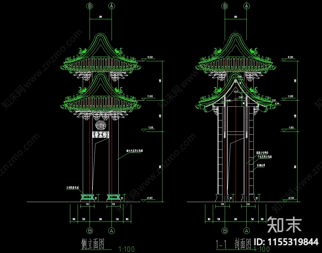 仿古四柱斗拱牌坊建筑图纸cad施工图下载【ID:1155319844】