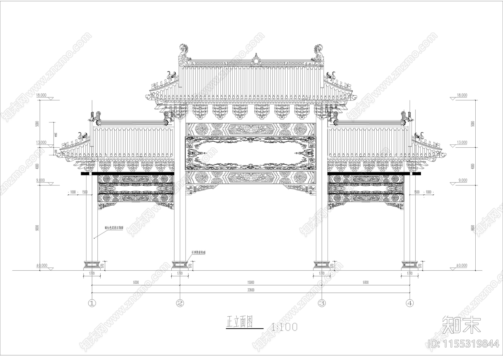 仿古四柱斗拱牌坊建筑图纸cad施工图下载【ID:1155319844】