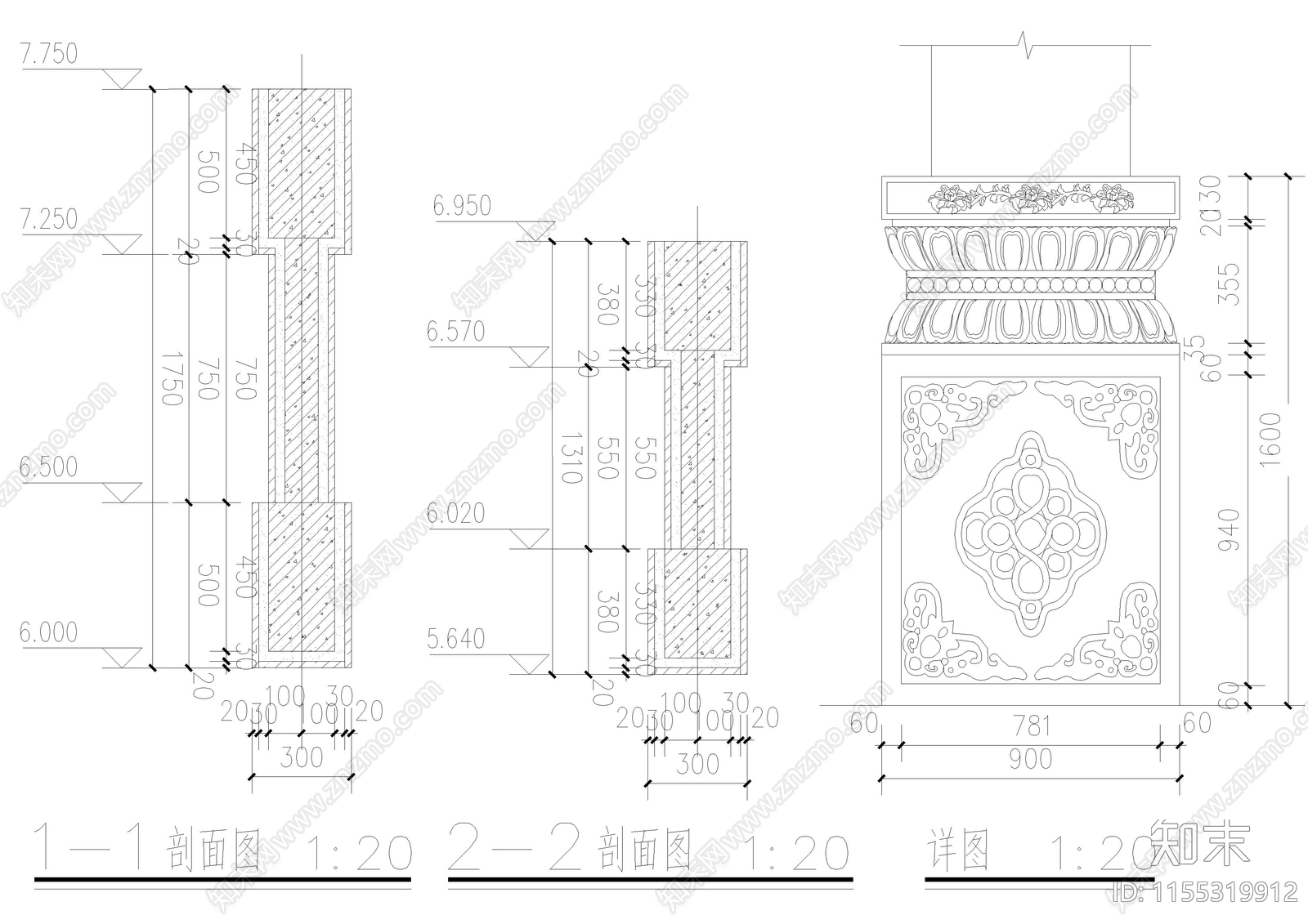 禅寺入口四柱牌楼建筑图纸cad施工图下载【ID:1155319912】