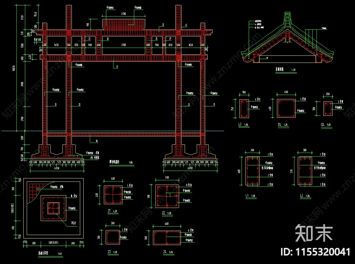 仿古牌坊建筑结构图纸cad施工图下载【ID:1155320041】