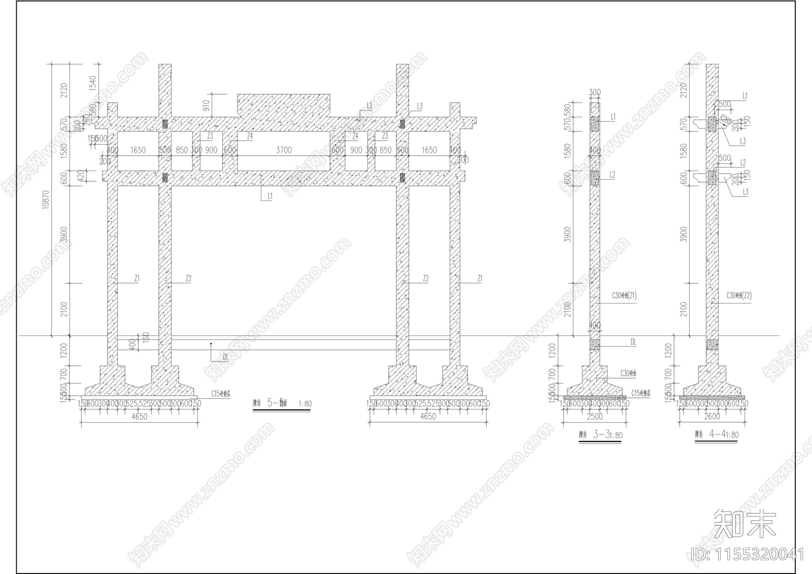 仿古牌坊建筑结构图纸cad施工图下载【ID:1155320041】