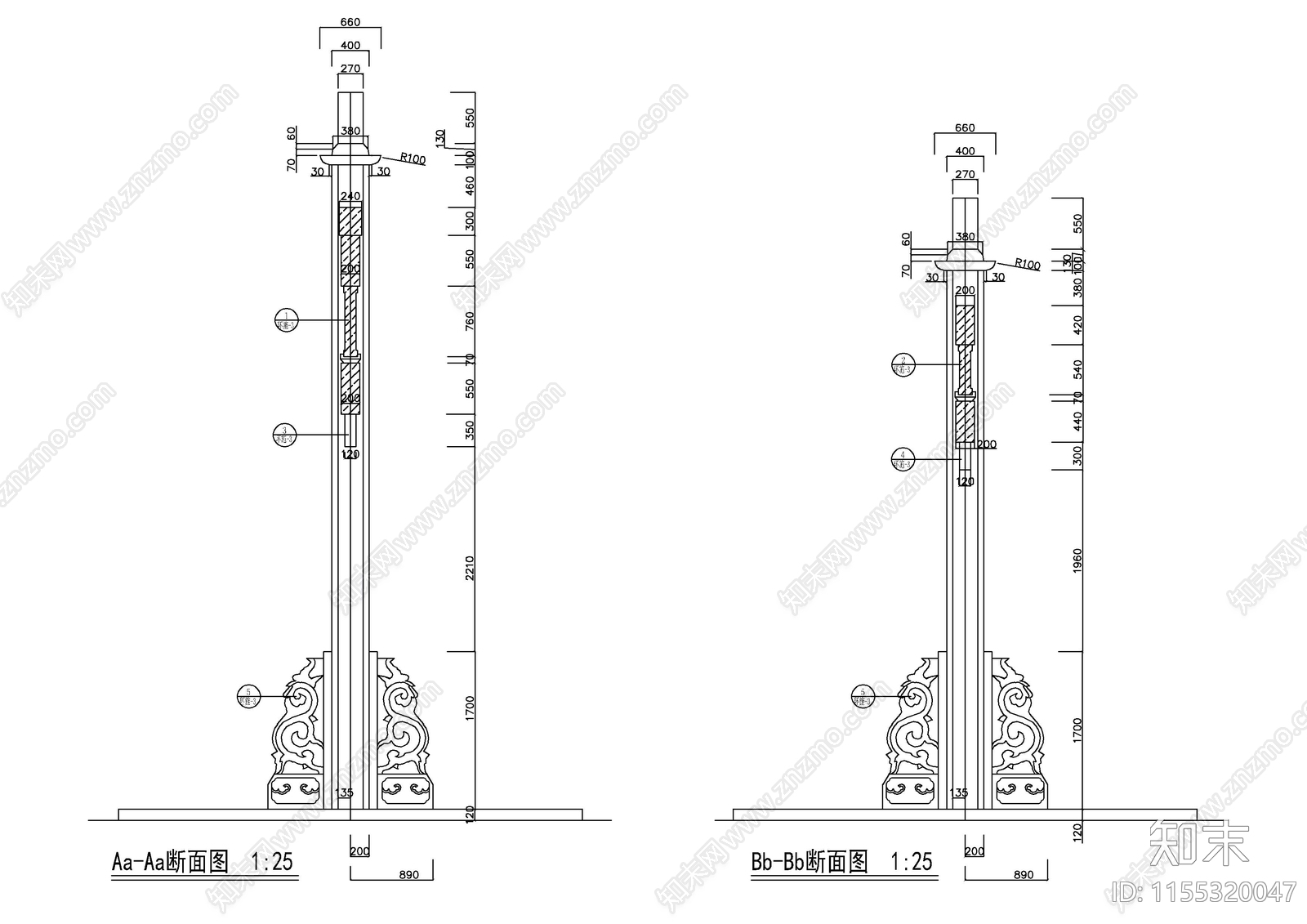 三门四柱仿古石柱牌坊建筑结构图纸cad施工图下载【ID:1155320047】