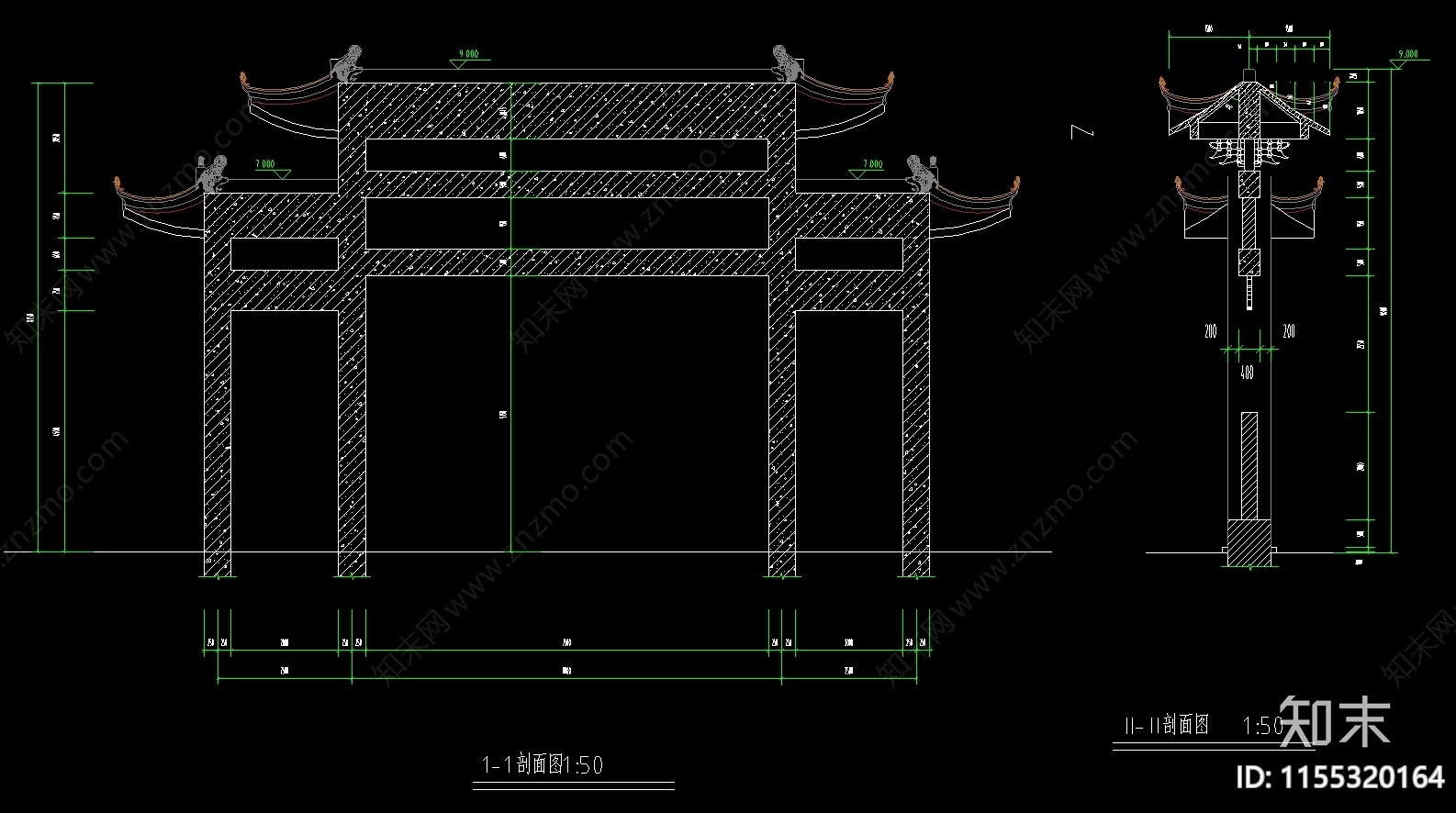 村镇入口牌坊建筑图纸cad施工图下载【ID:1155320164】