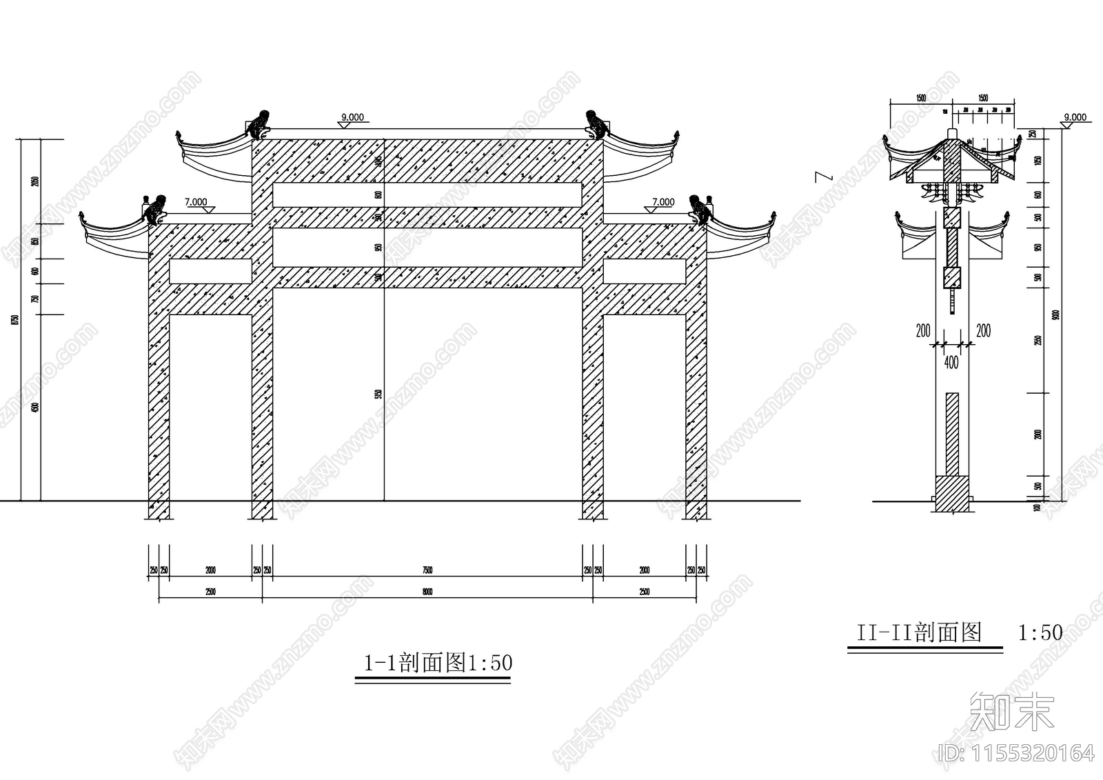 村镇入口牌坊建筑图纸cad施工图下载【ID:1155320164】