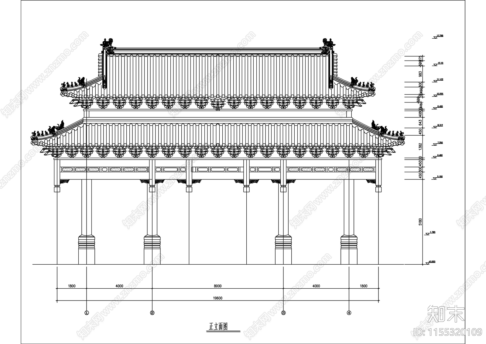 大型双排八柱牌楼建筑图纸cad施工图下载【ID:1155320109】