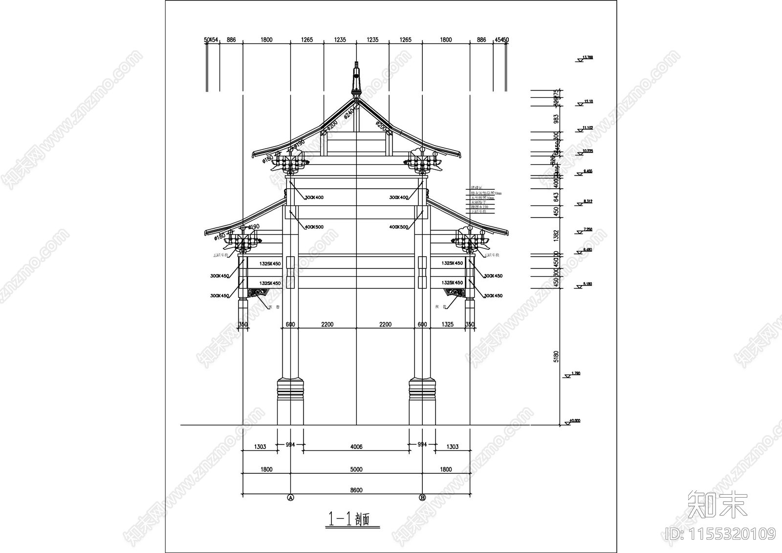 大型双排八柱牌楼建筑图纸cad施工图下载【ID:1155320109】