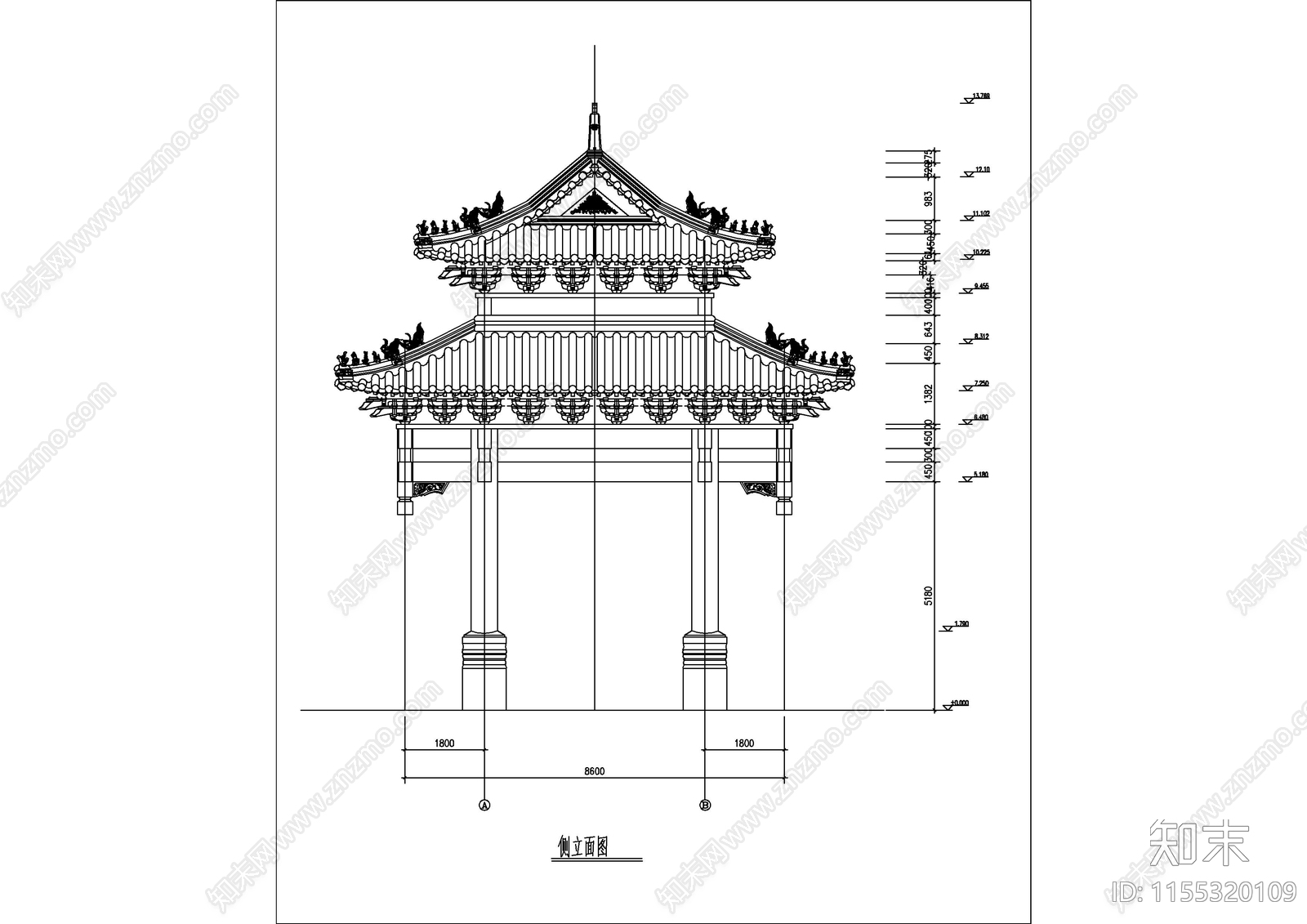 大型双排八柱牌楼建筑图纸cad施工图下载【ID:1155320109】