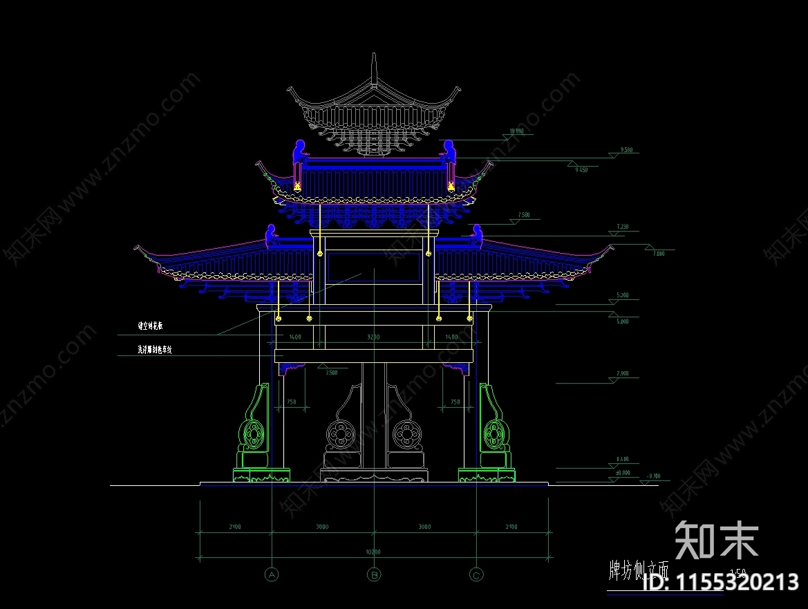 石柱木斗拱屋盖牌坊建筑图纸cad施工图下载【ID:1155320213】