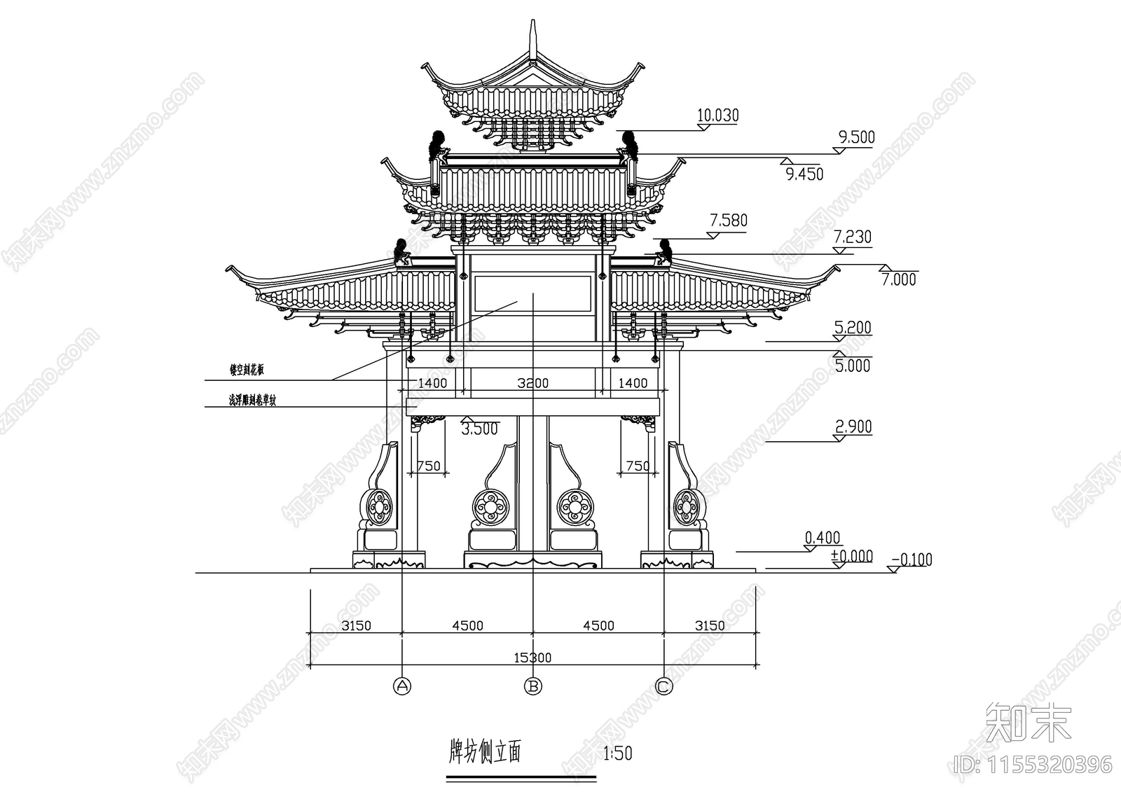 仿古四柱牌坊建筑图纸cad施工图下载【ID:1155320396】