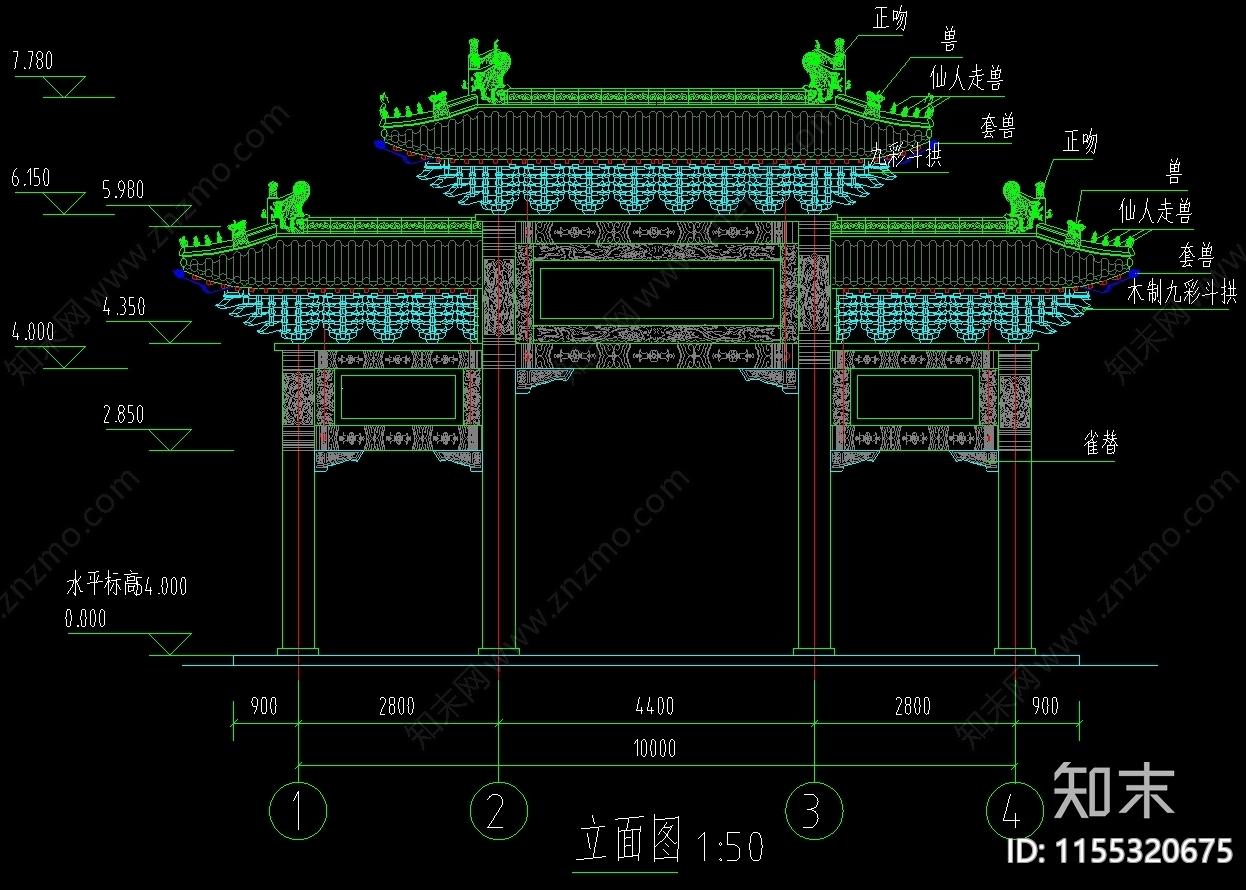 四柱三孔仿古牌楼建cad施工图下载【ID:1155320675】