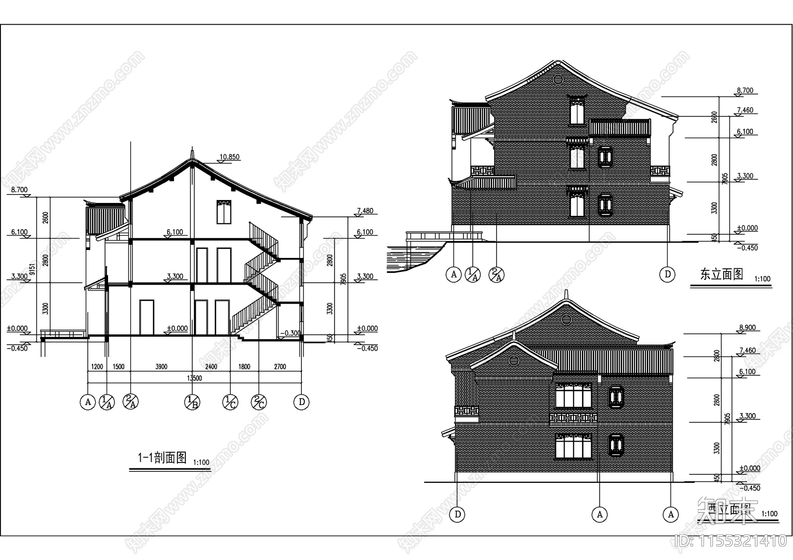 乡村别墅图cad施工图下载【ID:1155321410】