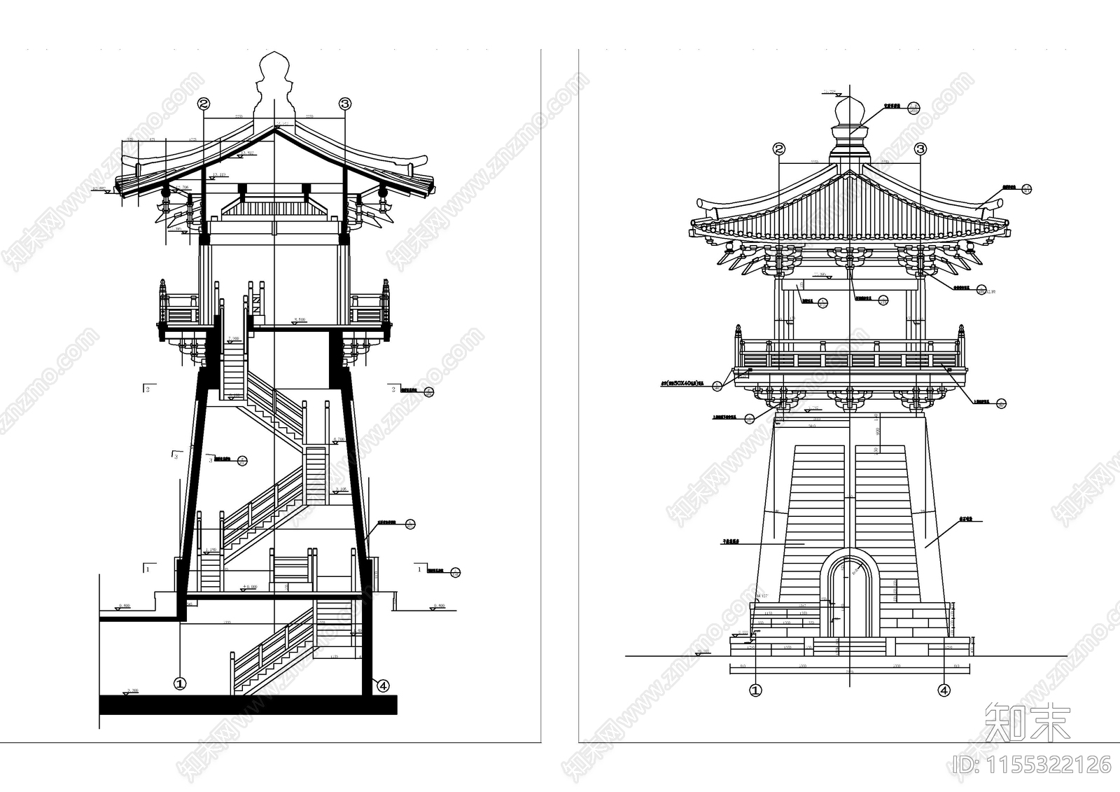 景区寺庙主配套古建筑CAcad施工图下载【ID:1155322126】