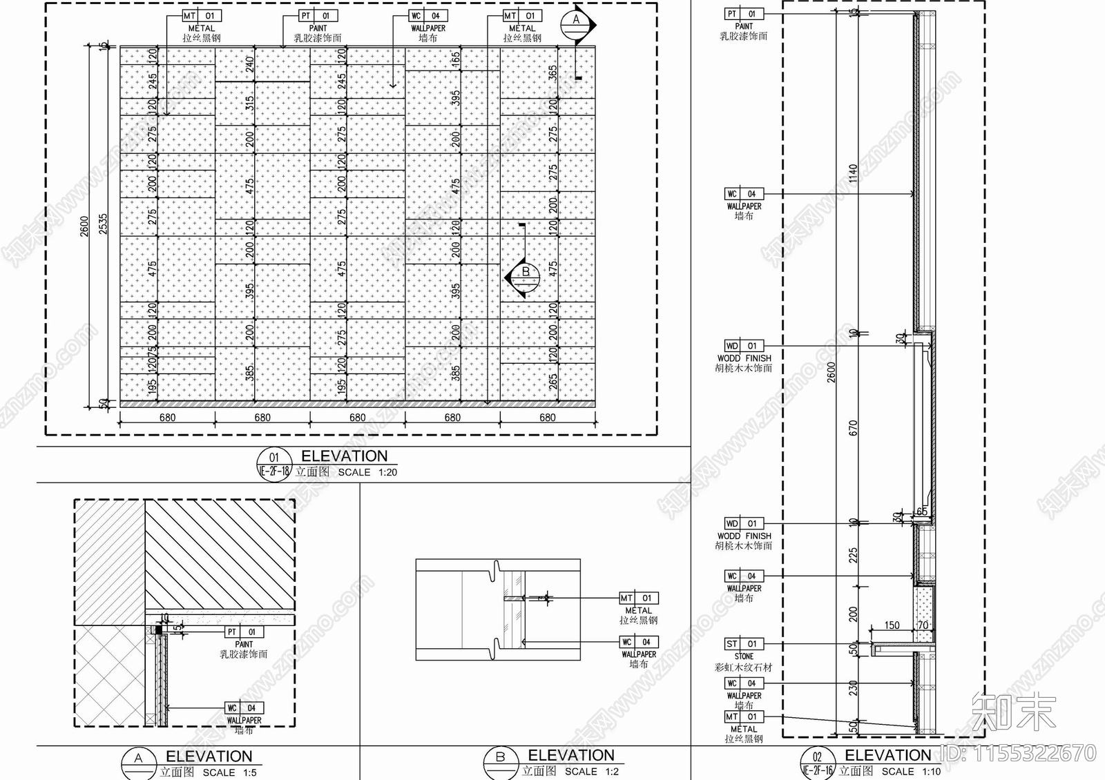 卧室床背景墙及电视墙剖面大样详图施工图下载【ID:1155322670】